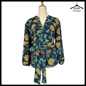 J.Crew Floral Navy Blue Wrap Top L Tie Waist V Neck Long Sleeve Elevated‎ Casual